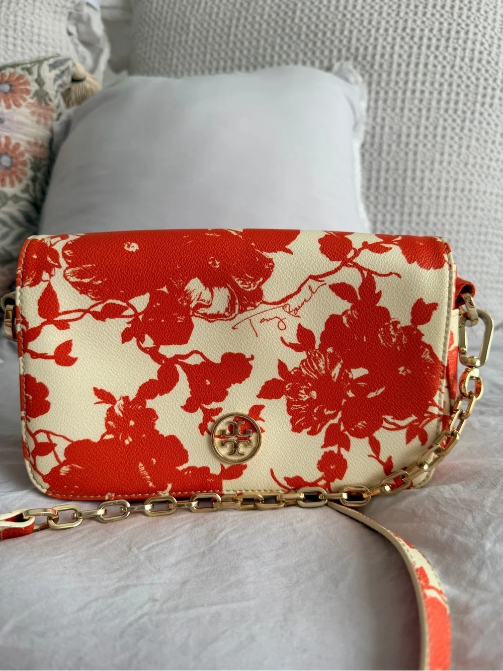 Tory Burch Cream and Orange Floral Chain Crossbody
